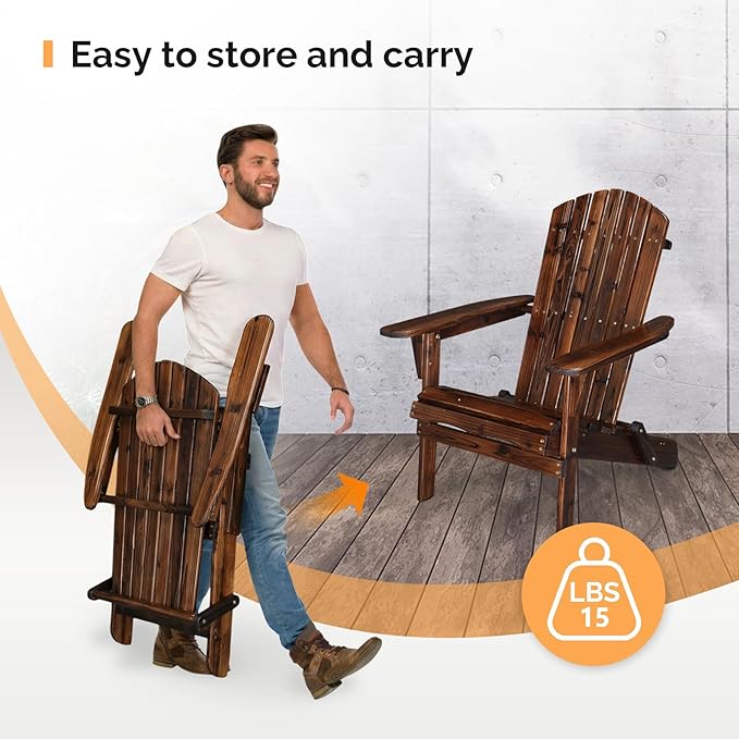 VINGLI Folding Adirondack Chairs Set of 2, Wood Adirondack Chair for Outdoor, Foldable Fire Pit Chairs for Patio, BBQ, Porch, Yard, Pool, Carbonized