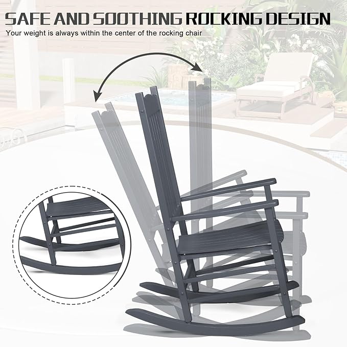 Outvita Outdoor Rocking Chair, Solid Wood High Back Rocker, All Weather Lounge Chair for Porch Patio Fire Pit Garden Backyard Deck Indoor, Wave Shape, Gray