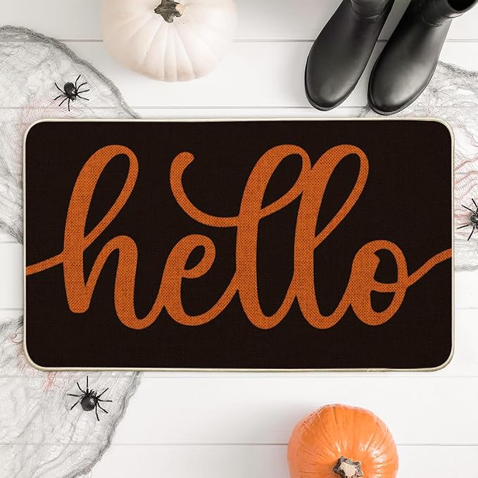 Artoid Mode Black Orange Hello Halloween Doormat, Home Decor Low-Profile Switch Rug Door Mat Floor Mat for Indoor Outdoor 17x29 Inch