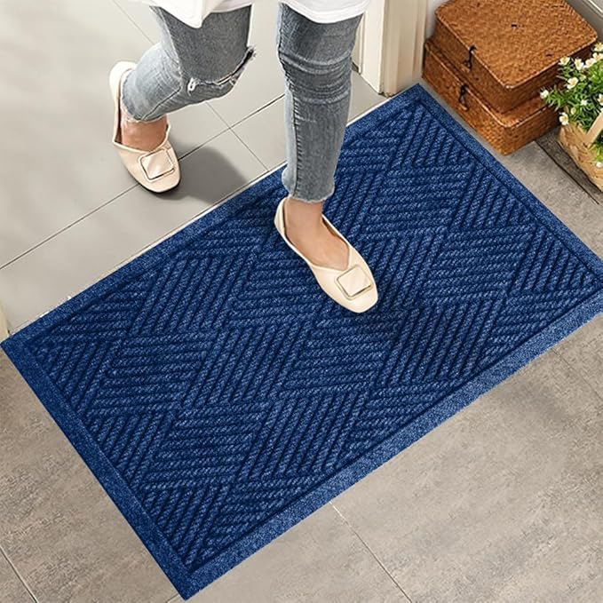 Sturdy Front Door Mat, Absorbent Muddy Dirt Resist Welcome Door Mats Outdoor Indoor, Stain and Fade Resistant, Non-Slip Rubber Backing Low Profile Doormat for Entryway, 30×17, Blue