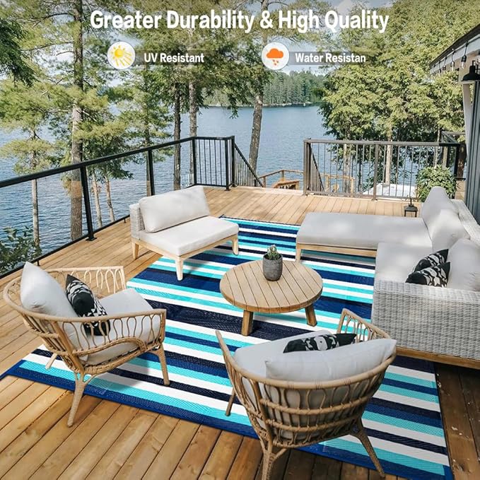 HUGEAR Outdoor Waterproof Rug 8'x10' Plastic Straw Rugs Washable Reversible Floor Mat Blue Stripe Carpet for Camping RV Deck Entryance Porch Picnic Balcony Beach Backyard
