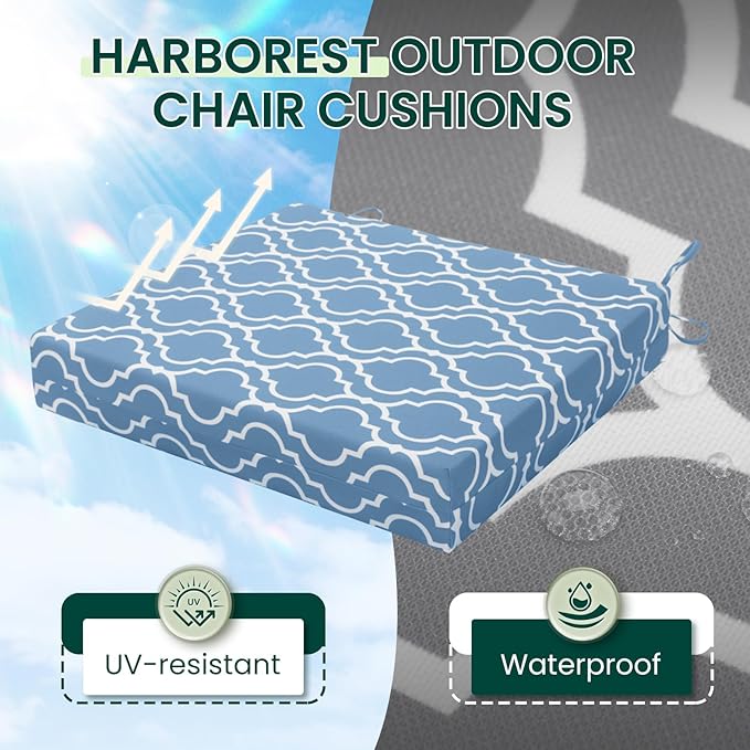 HARBOREST Outdoor Chair Cushions Set of 4, Water Resistant Patio Chair Cushions with Ties, Square Corner Outdoor Seat Cushions for Patio Furniture, 18.5"x16"x3", Blue Geometry