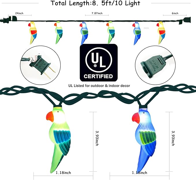 Multicolor Parrot String Lights, 8.5Ft Parrot Camping Outdoor Party Lights with 10 LED Multicolor Parrot Lights, Summer Patio Decorations String Lights for Bedroom Home Decks Party Lighting