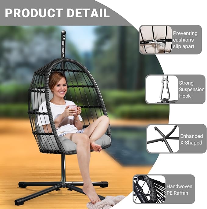 CHABATREE Egg Chair with Stand,Patio Rattan Wicker Hanging Swing Egg Chair Hammock Chair for Bedroom Porch Garden,Thickened Aluminum Alloy Steel Frame and UV Resistant Cushion,350LBS Capacity