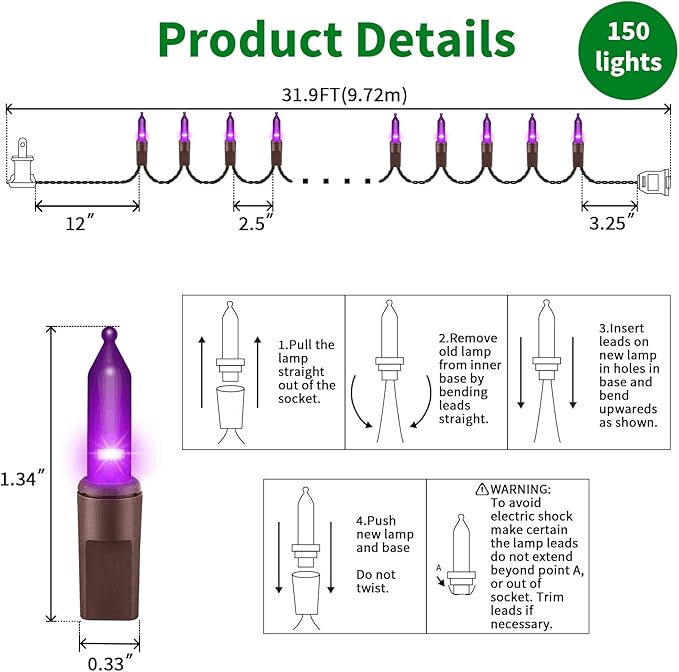 LAMPHOME Purple Christmas Lights Decoration 150Lights 31.9ft UL Certified Mini Bulb String Lights Set for Outdoor Halloween Home Christmas Tree Garden Holiday Party Patio Decor