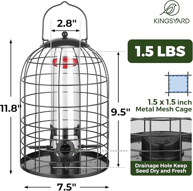 Kingsyard Metal Bird Feeder for Outdoors, Squirrel Proof Caged Tube Feeders Hanging Green, Wild Small Birds Rainproof Station for Garden Yard Seed Easy Clean, Black