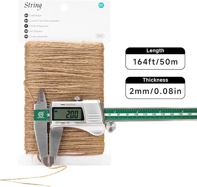 G2PLUS 2mm 2 Ply Natural Jute Twine String, 164Ft Craft Jute Rope Twine for Gift Wrapping, DIY Crafts, Gardening, Handmade Arts Decoration
