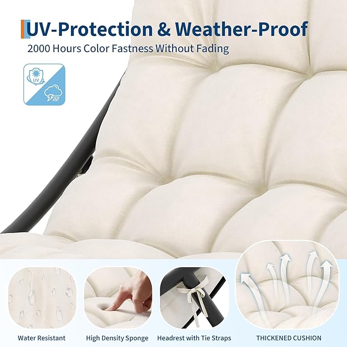 PeakPursuit Indoor Outdoor Papasan Rocking Chair with Cushion, Oversized Outdoor Rocking Chair, All Weather Rocking Papasan Chair for Bedroom/Living Room/Porch/Garden/Patio