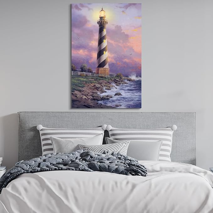 STUDIO HAVEN Thomas Kinkade Canvas Wall Art, Black and White Striped Beacon Glowing Lantern Crashing Waves Twilight Oil Painting Poster Nautical Wall Decor, Framed Prints for Home Decor, 28x40Inch