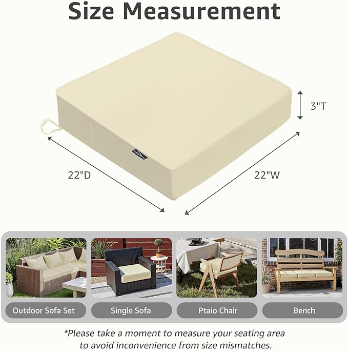Outdoor Chair Cushions 22 x 22 x 3 Inch, Waterproof & Fade Resistant Patio Seat Cushion for Furniture with Handle and Ties, Thick Seating Pads for Outside Sofa Couch Set of 2, Beige