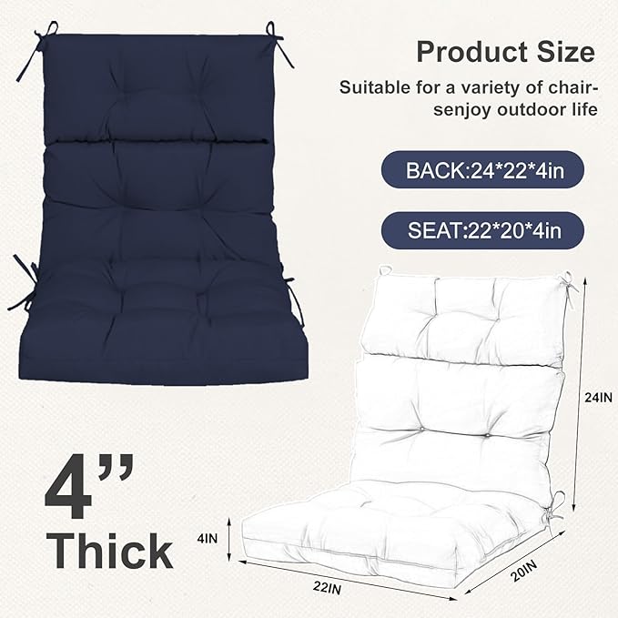 Outdoor High Back Chair Cushions 2-Pack, 44"x22"x 4" Fade-Resistant Waterproof Tufted Pads with Ties for Patio Rocking & Adirondack Chairs (Navy Blue)