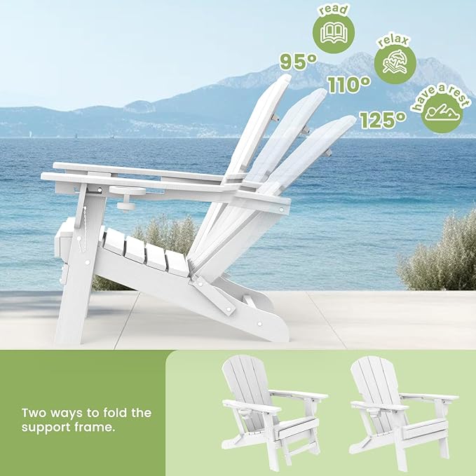 LOUNZY Folding Adjustable Adirondack Chair with Retractable Ottoman, HDPE Recliner Adirondack Chair with Cup Holder for Deck Lawn Fire Pit, White