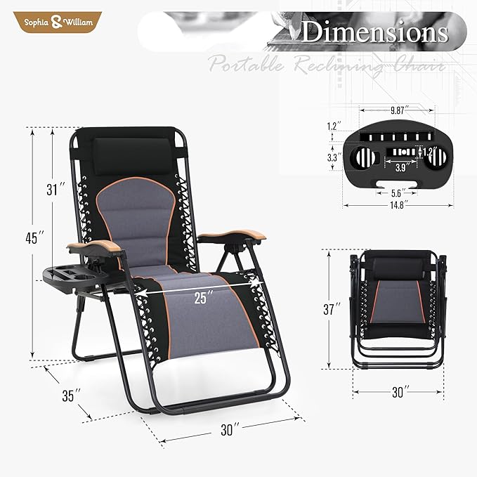 Sophia & William Oversized XXL Zero Gravity Chair Padded, Folding Lounge Chair Outdoor Gravity Chair with Wide Armrest and Cup Holder, Support 400 LBS, Black