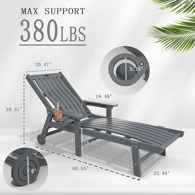 Patio Chaise Lounge Chair, Oversized Lounge Chair Outdoor with 5 Positions, HDPE, Patio Lounge Chair with Wheels & Cup Holder for Pool, Deck, Poolside,Grey