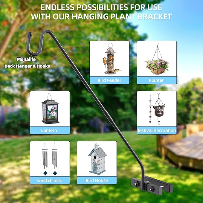 Deck Railing Plant Hanger Outdoor-Deck Hook Railing Mount，Metal Bird Feeder Hanger for Deck Railing,Fence Shepherds Hooks Pole Bracket for Hanging Hummingbird Feeder,Planter,Flower Baskets