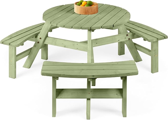 Best Choice Products 6-Person Circular Outdoor Wooden Picnic Table for Patio, Backyard, Garden, DIY w/ 3 Built-in Benches, 500lb Capacity - Sage Green