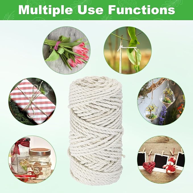 1-Pack Natural Jute Twine String, 4.5mm x 164ft/50m Long Garden Twine String for Crafts/Gift Wrapping/Gardening Plants, Durable Plant Ties Thick Rope [White]