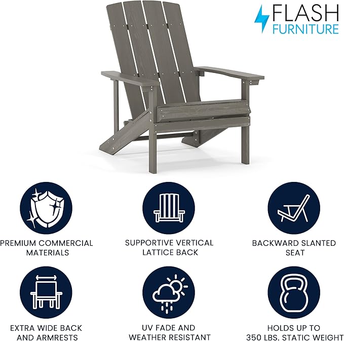 Flash Furniture Charlestown Indoor/Outdoor Faux Wood Adirondack Chair, Weather-Resistant Polyresin Patio Adirondack Chair with 350-lb. Static Weight Capacity, Gray