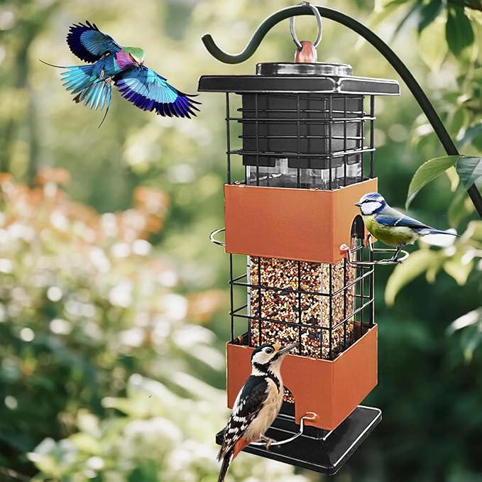 Squirrel Proof Bird Feeder,3Lbs Metal Birdfeeders Squirrel Proof with 4 Feeding Ports for Outside, Birds Seed Feeder for Outdoors, Cardinal, Finch, Sparrow (Brown)