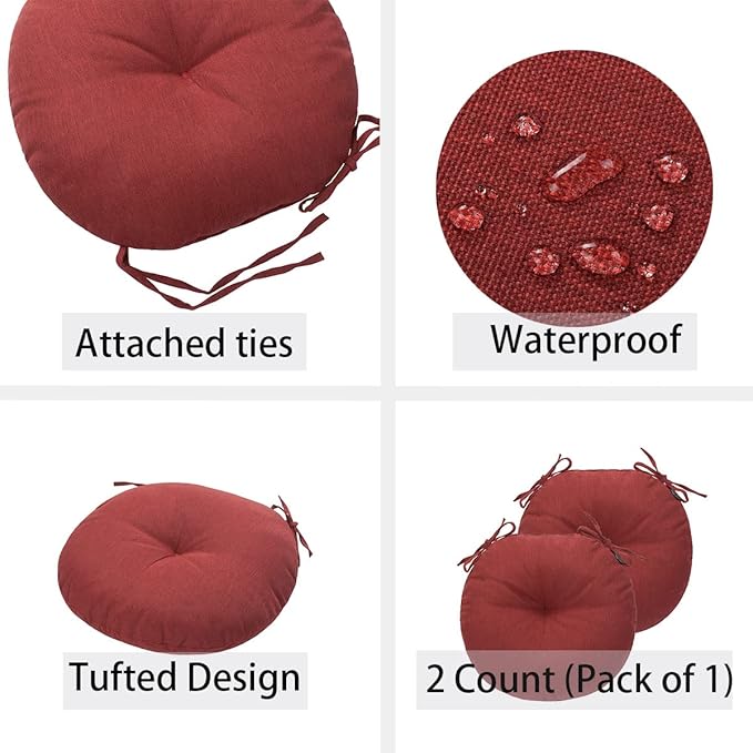 FUNHOME Bistro Chair Cushions 15 inch,Set of 2,Tufted Round Chair Cushions with Ties,15"x15"x4",Water Resistant Round Seat Cushion for Barstool Chairs,Patio Garden Kitchen Outdoor Furniture(Dark Red)
