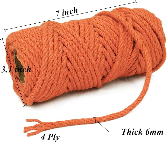 Natural Jute Twine Rope, Orange, 6mm Thick, 100 Feet Length, Twisted Macrame Cord for Crafting and Packaging