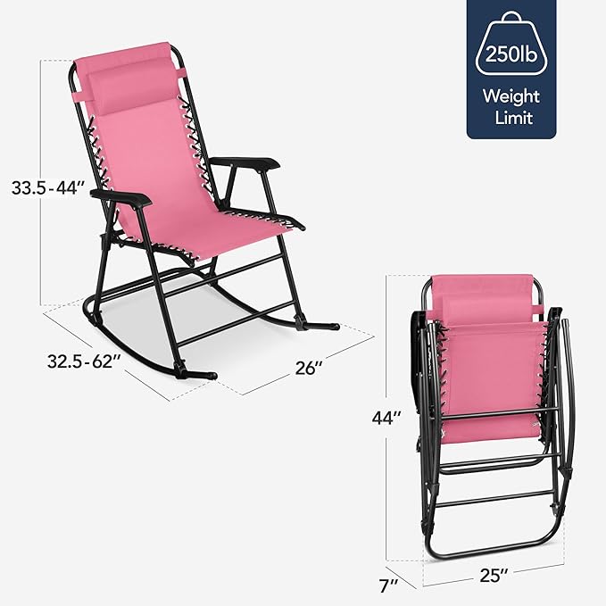 Best Choice Products Outdoor Folding Rocking Chair, Zero Gravity Lounge Chair, Patio Rocker w/Headrest Pillow - Pink