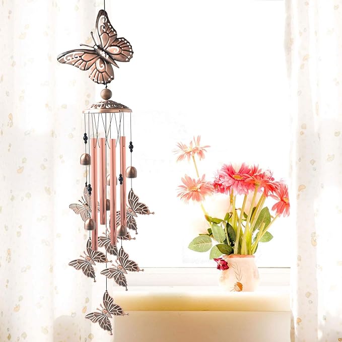 Butterfly Wind Chimes Brass, Sympathy Wind Chimes Outdoor Gifts for Mom Gift Garden Windchimes Decorations Outdoor Patio Decorations with S Hook Indoor and Outdoor.