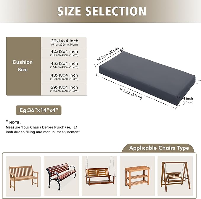 Outdoor Bench Cushion Waterproof 45"x18" – Fade-Resistant Patio Furniture Cushion with Ties for Porch Swing, Loveseat, or Indoor Bench Replacement, Dark Grey