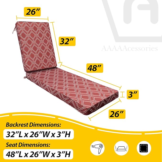 AAAAAcessories Outdoor Chaise Lounge Cushions, Fade-Resistant, Waterproof Patio Furniture Replacement Cushions, 80" x 26" x 3", Clay Red Vine Trellis