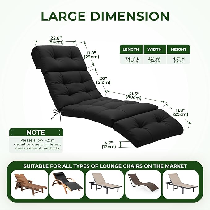 Outdoor Chaise Lounge Chair Cushion 74.4 x 22 x 4.7 Inches Non-Slip Lounge Chair Cushions for Outdoor Furniture with Ties, Patio Recliner Thickened Lounge Cushions for Indoor, Black
