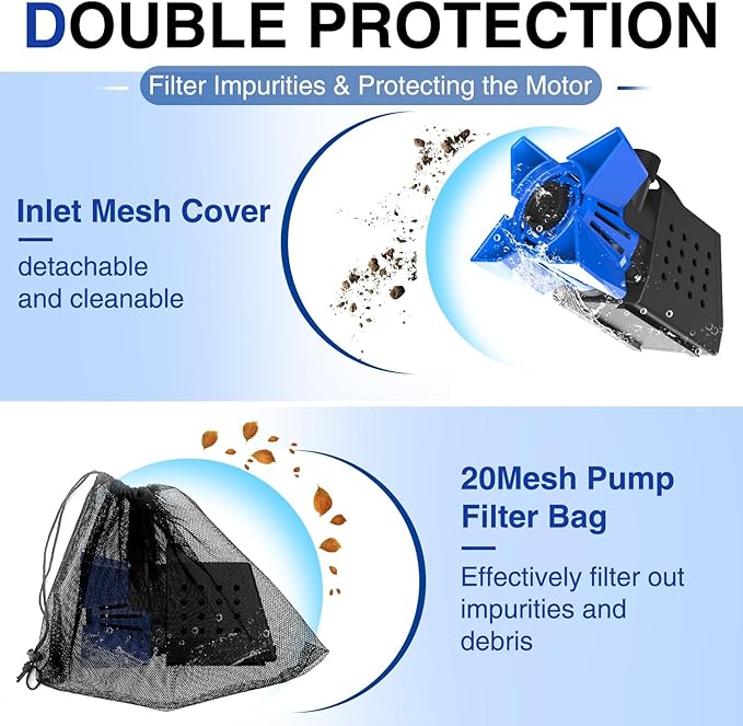 3200GPH Pond Pump, 200W Submersible Water Pump with 33FT Power Cord & Barrier Bag, 2 Hose Adapters, 20FT. Lift Height for Garden Ponds, Fountains, Waterfalls, Water Circulation (Blue)