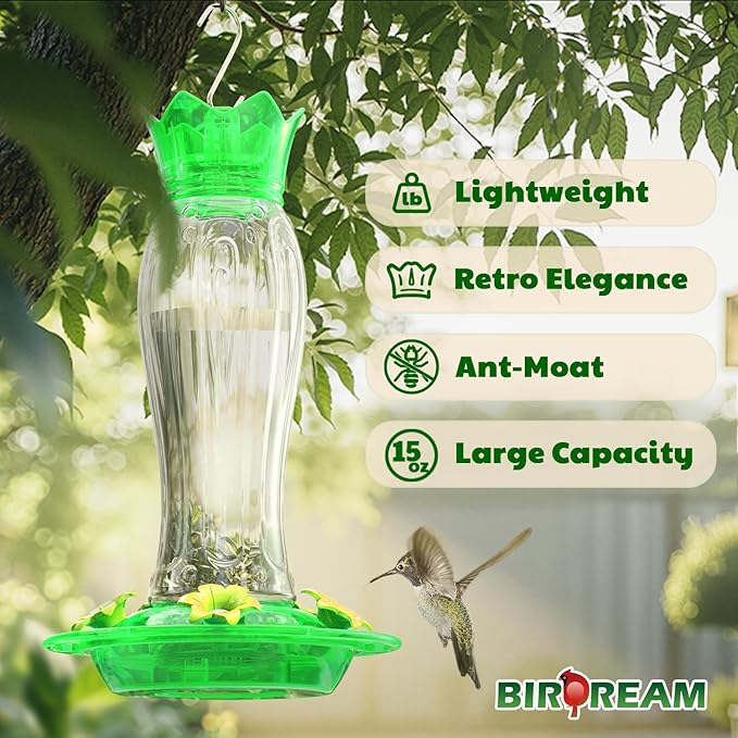 Birdream Hummingbird Feeders for Outdoors, 15oz Hanging Hummingbird Feeders Ant Proof, Easy to Clean and Maintain, Gift for Bird Lover, Green (1 Pack)