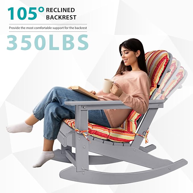 Sundale Outdoor Adirondack Rocking Chair with Cushion Set of 2, Patio Plastic All Weather HDPE Rocker for Proch, Water Resistant for Outside, Garden, Pool, Yard, Grey