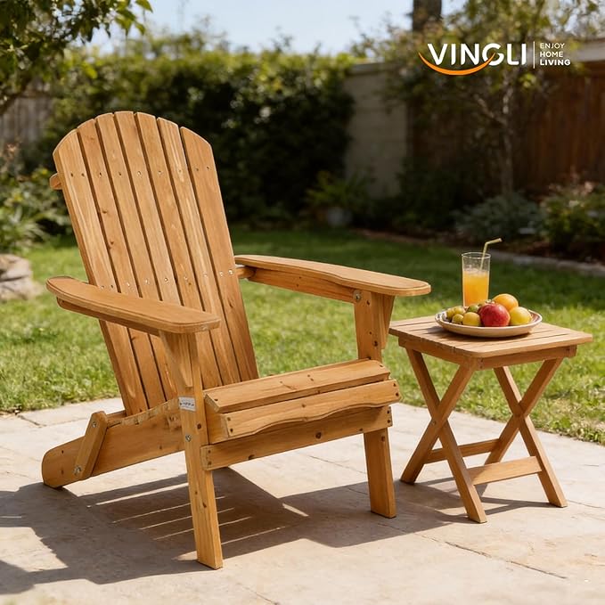 VINGLI Folding Adirondack Chair, Wood Adirondack Chairs for Outdoor, Foldable Fire Pit Chairs for Patio, BBQ, Porch, Yard, Pool