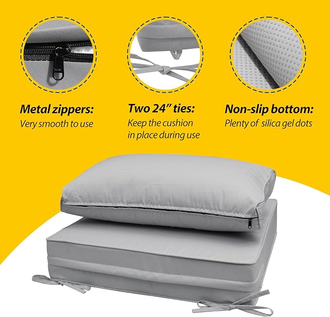 AAAAAcessories Outdoor Seat Cushions for Chairs, Fade-Resistant, Waterproof Patio Furniture Replacement Cushions, 23" x 23" x 5" + 23" x 13.5", Gray