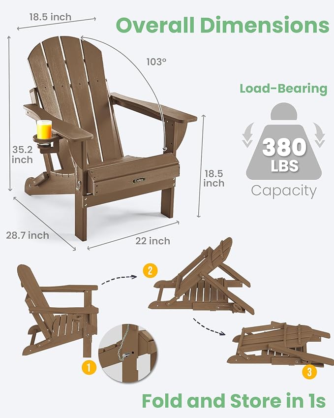 Ciokea Folding Adirondack Chair Wood Texture, Patio Adirondack Chair Weather Resistant, Plastic Fire Pit Chair with Cup Holder, Lawn Chair for Outdoor Porch Garden Backyard Deck, Brown