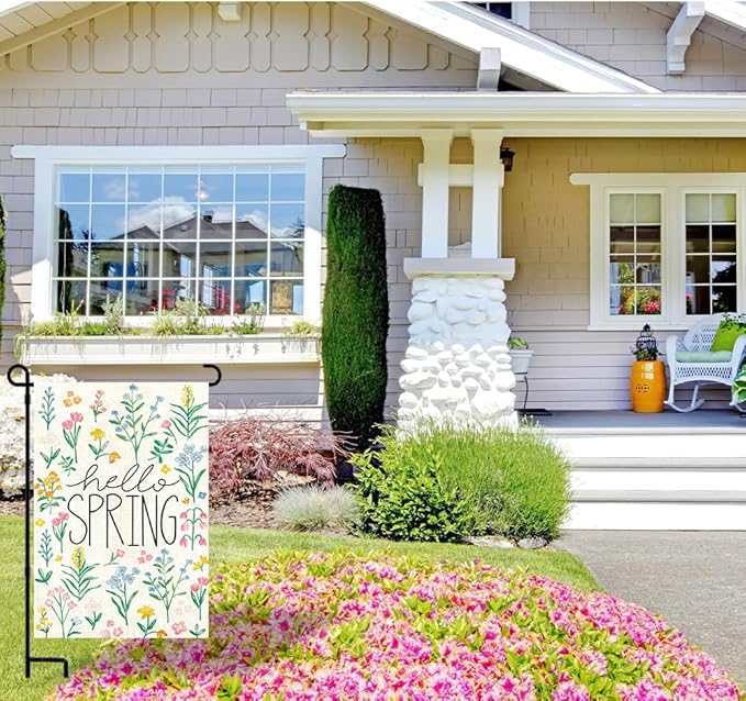 DIYDEC Hello Spring Garden Flag 12x18 Inch Vertical Double Sided Burlap Spring Tulip Flowers Flag Holiday Yard Sign for Outdoor Garden Seasonal Farmhouse Spring Summer Decoration