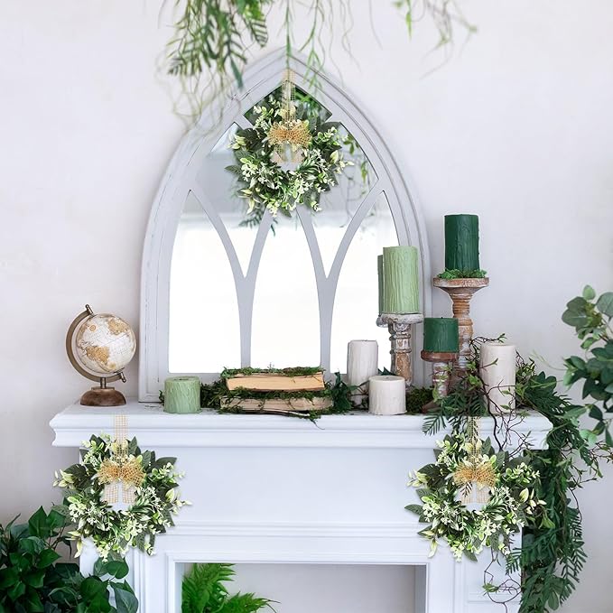 8 PCS Small Eucalyptus Leaves Cabinet Wreath Artificial Mini Spring Summer Greenery Kitchen Wreaths Vintage Swags Wreath with Retro Burlap Ribbon for Farmhouse Rustic Home Door Wedding Wall Decor