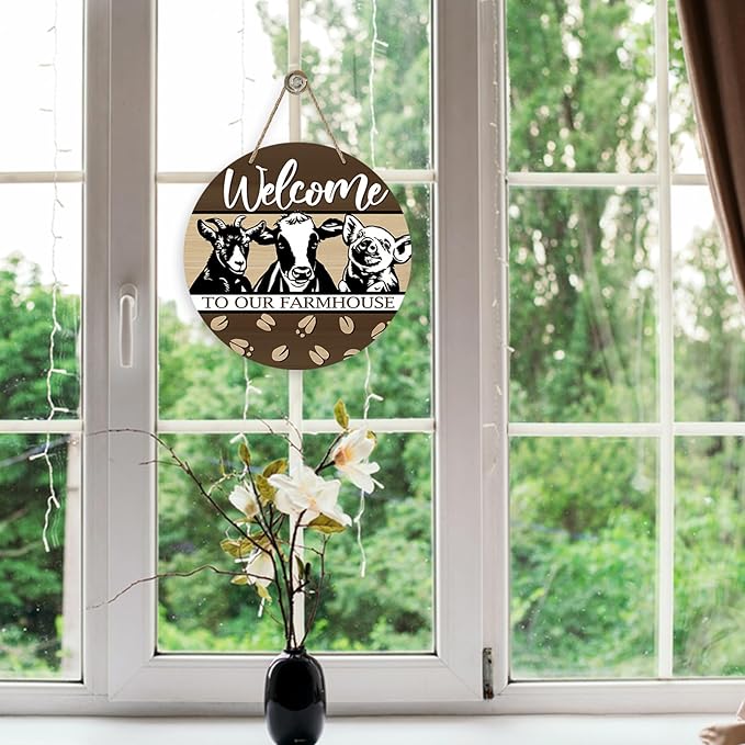 Deroro Welcome To Our Farmhouse Front Door Sign, Farm Animals Cow Pig Goat Wood Door Hanger Outdoor Outside Porch Decor, Rustic Wooden Wreath Indoor Wall Hanging Decoration