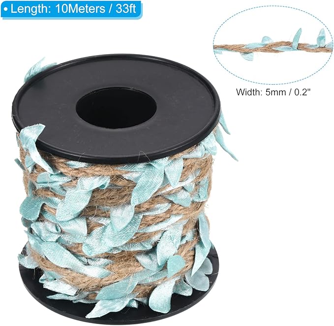 PATIKIL 33ft 5mm Burlap Leaf Ribbon, Braided Decoration Vine Natural Jute Rope Twine with Artificial Leaves for Jungle Wedding Party Home Garden Decor, Sky Blue