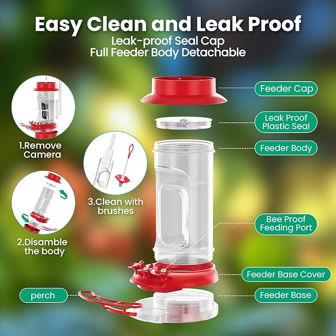 Soliom Hummingbird Feeder with Camera, Smart Bird Feeder Camera with 2K Live View AI Identify Species, Leak Proof & Ant Moat & Bee Proof, Outdoor Pole/Hook Hanging, 16 OZ Ideal Gifts for Family-Red