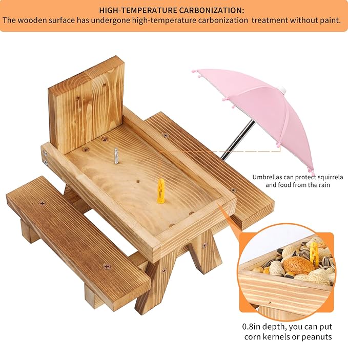 Gnodary Squirrel Feeder with Umbrella, Squirrel Feeders for Outside, Squirrel Picnic Table Feeder - Chipmunk Feeder Hold Corn, Corn Cob, Peanuts (Pink)