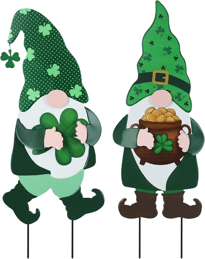 YEAHOME St Patricks Day Decorations Outdoor, 2 Pack Green Gnomes Decorative Garden Stakes for St Patricks Day Decor, Metal Yard Signs for The Home Garden Lawn Patio Decorations
