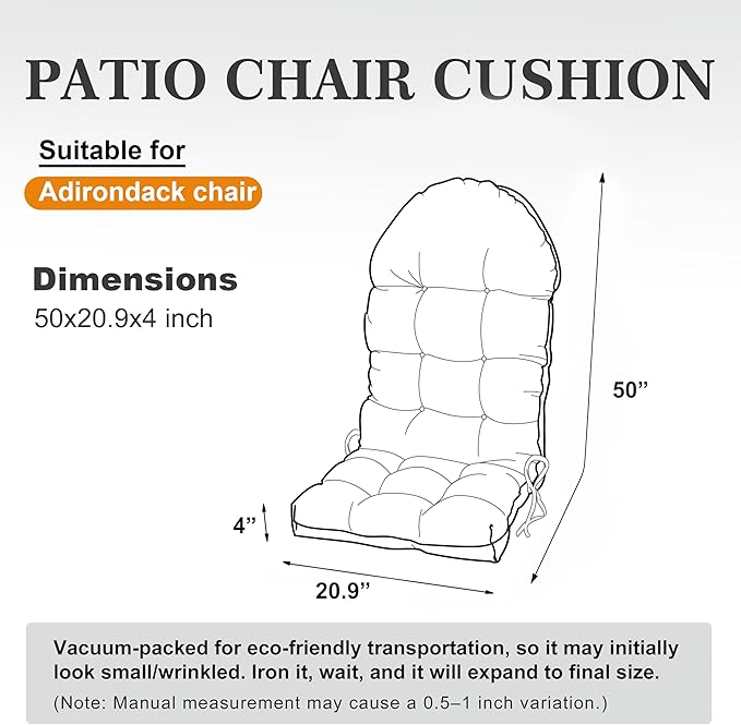 Large Adirondack Chair Cushion, Rocking Chair Cushion 50x20.8x4 inch, High Back Patio Cushions of Upper and Lower with Ties, Sunscreen and Fade-Resistant (Beige, 1)