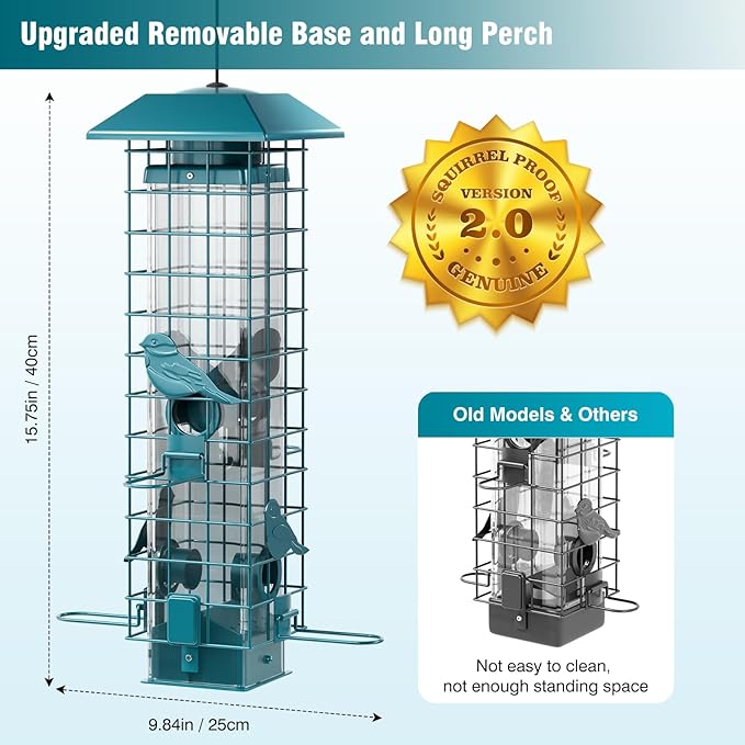 Squirrel Proof Metal Bird Feeder, Removable Base for Easy Cleaning, Weight Activated Cage, 3 Lbs Capacity, Sturdy and Rust-Resistant, Tube Bird Feeder for Outdoor Cardinals, Finches