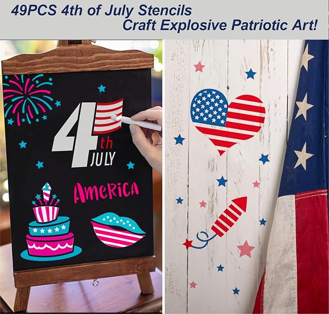 Patriotic Stencils for Painting, 49PCS Independence Day Theme Templates 3x3 Clear PET Plastic with Stars and Stripes Patterns for Cards, Cookies, Face Painting and Party Crafts