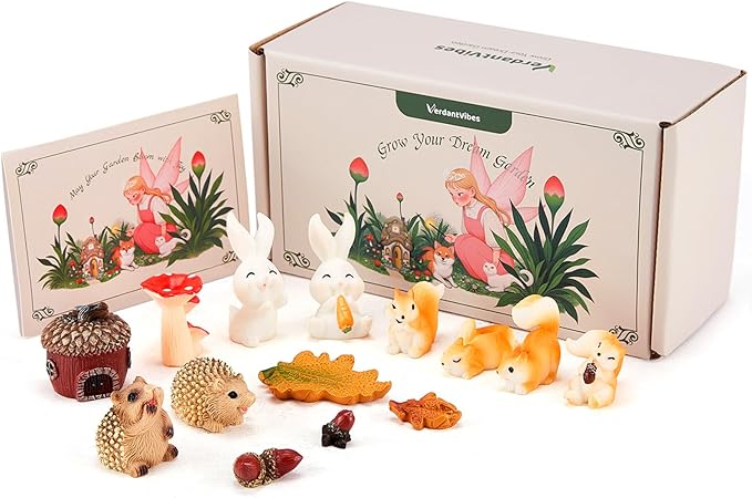 VerdantVibes Fairy Garden Accessories Kit – 16-Piece Miniature Woodland Decor with Pinecone House, Mushroom & Gift Box – Fairy Garden Figurines for Indoor Outdoor Fairy Garden Decorations