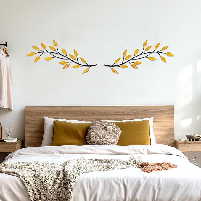 LWHZHE 2 Pieces Vintage Tree Leaf Wall Art Vine Metal Bathroom Wall Decor Olive Branch Wall Decor Living Room Tree Wall Art for Outdoor Hallway Kitchen Garden (Yellow)