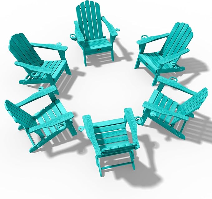 Adirondack Chairs Set of 6, HDPE Material Fire Pit Chairs, Plastic Adirondack Chairs with 2 Cup Holder, Outdoor Lawn Chair for Patio Garden，Lakeblue