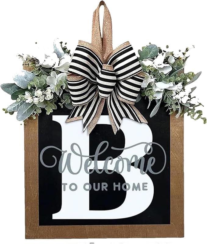 Last Name Porch Decor, Welcome Sign Wreath, Porch Decorations - 26 Letter Wreaths for Front Door, Spring & All Seasons Monogram (B)